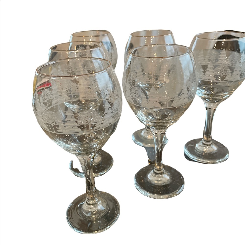 Wine Glasses, Christmas “Pines”, Lynn’s China Stemware, Set of 6, Vintage